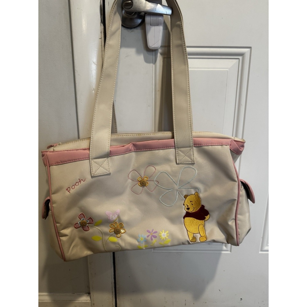 Vintage Winnie The Pooh Diaper Bag Tote Pink Beige Floral Embroidered NWOT Y2K